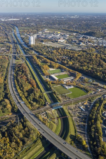 Aerial view, gasometer renovation, covered gasometer, Rhine-Herne Canal, river Emscher,