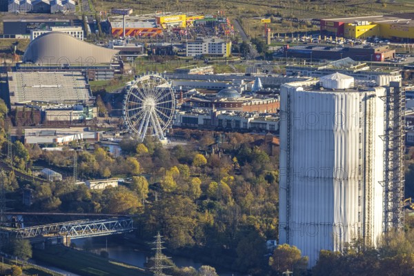 Aerial view, gasometer renovation, covered gasometer, CentrO Ferris wheel, Neue Mitte, Buschhausen,