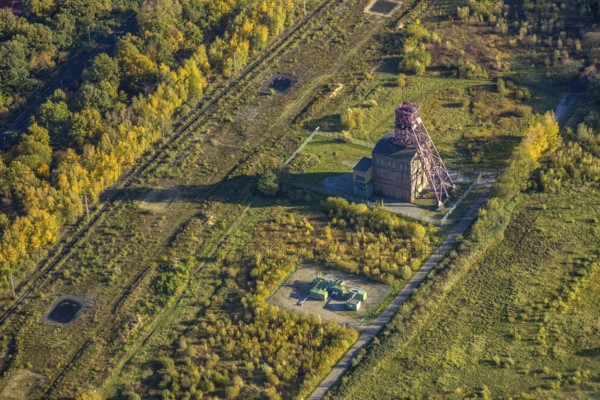 Aerial view, historic colliery winding tower shaft 1 Sterkrade colliery, Schwarze Heide,