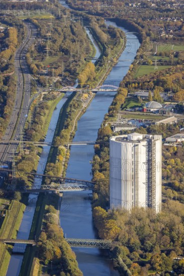 Aerial view, gasometer renovation, covered gasometer, Rhine-Herne Canal, river Emscher,