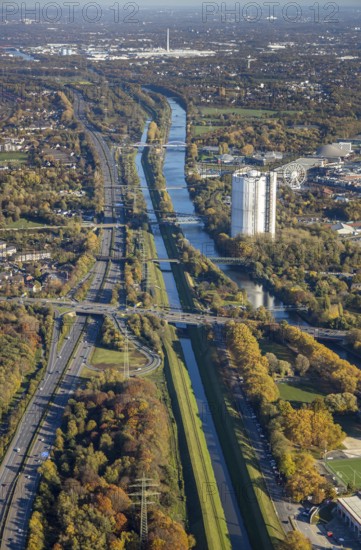 Aerial view, gasometer renovation, covered gasometer, Rhine-Herne Canal, river Emscher,