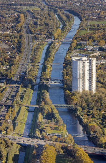 Aerial view, gasometer renovation, covered gasometer, Rhine-Herne Canal, river Emscher,