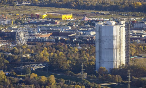 Aerial view, gasometer renovation, covered gasometer, CentrO Ferris wheel, Neue Mitte, Buschhausen,