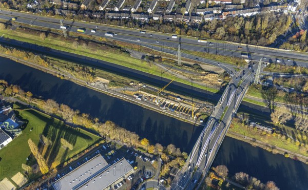 Aerial view, construction site between Rhine-Herne-Canal and Emscher, bridge Osterfelder Straße,