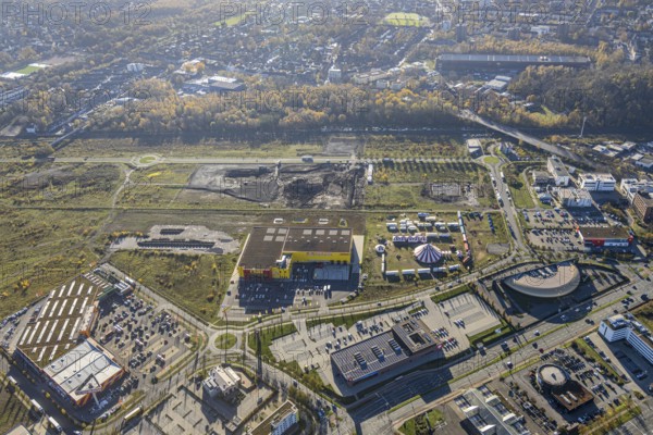 Aerial view, Neue Mitte, CentrO site, construction site, Hornbach Baumarkt, Poco Einrichtungsmarkt,