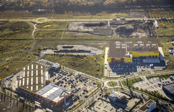Aerial view, Neue Mitte, CentrO area, construction site Brammenring, Hornbach Baumarkt, Poco