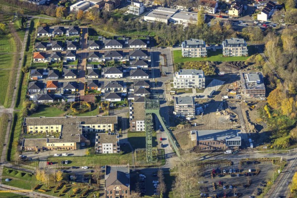Aerial view, winding tower Osterfeld colliery, new building, residential complex for senior