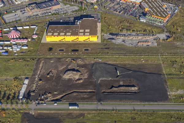 Aerial view, Landgard Cash & Carry, Hornbach Baumarkt, Poco Einrichtungsmarkt, construction site