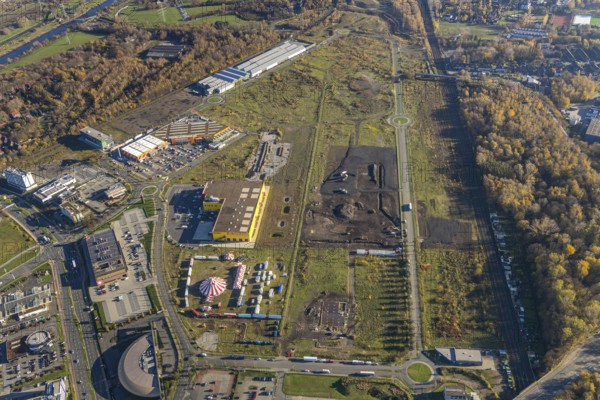 Aerial view, Landgard Cash & Carry, Hornbach Baumarkt, Poco Einrichtungsmarkt, construction site