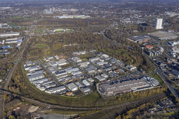 Aerial view, commercial area Am Kaisergarten, Max-Planck-Ring, Marienviertel, Oberhausen, Ruhr