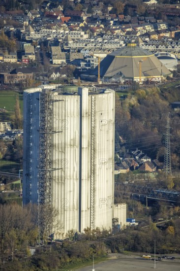 Aerial view, gasometer renovation, covered gasometer, CentrO Ferris wheel, Buschhausen, Oberhausen,