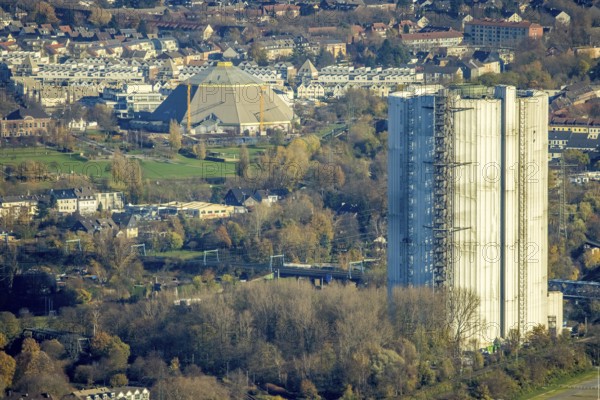 Aerial view, gasometer renovation, covered gasometer, CentrO Ferris wheel, Buschhausen, Oberhausen,
