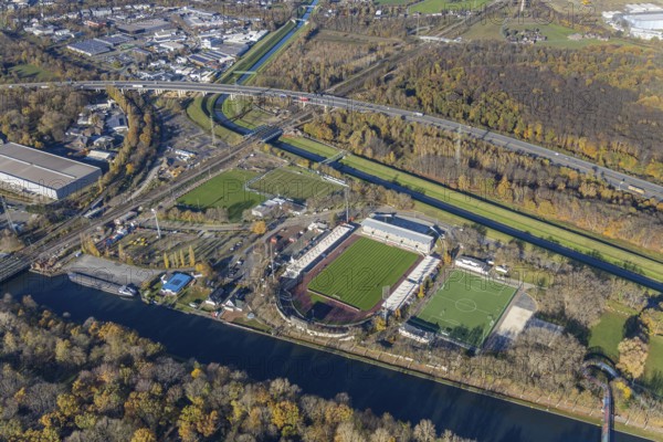 Aerial view, stadium SC Rot-Weiß Oberhausen, river Emscher, Rhine-Herne-Canal, Buschhausen,