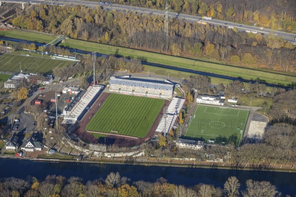 Aerial view, stadium SC Rot-Weiß Oberhausen, river Emscher, Rhine-Herne-Canal, Buschhausen,