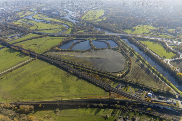 Aerial view, sewage sludge landfill at Styrumer Ruhrbogen, Ruhr meadows, river Ruhr, Mülheim an der