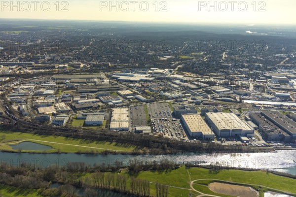Aerial view, industrial area Broich Castle and Gerwegegebiet Hafen Nord, Linksruhr, Mülheim an der