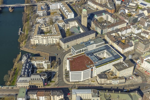 Aerial view, Ruhrbania in the city centre of Mülheim, Ruhr, Ruhr valley, town hall,