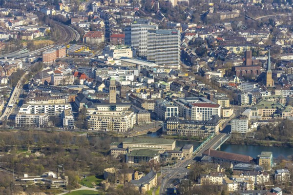 Aerial view, Ruhrbania in the city centre of Mülheim, Ruhr, Ruhr valley, town hall,