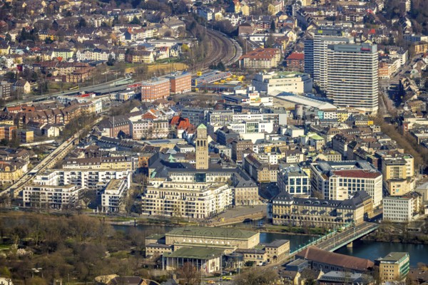 Aerial view, Ruhrbania in the city centre of Mülheim, Ruhr, Ruhr valley, town hall,