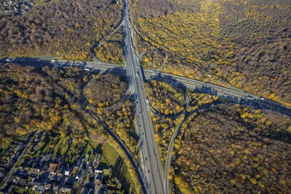 Aerial view, motorway junction Oberhausen, motorway A3, federal road B516, forest area in autumn
