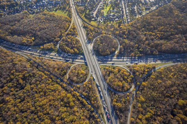Aerial view, motorway junction Oberhausen, motorway A3, federal road B516, forest area in autumn
