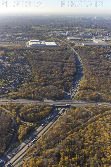 Aerial view, motorway junction Oberhausen, motorway A3, federal road B516, forest area in autumn