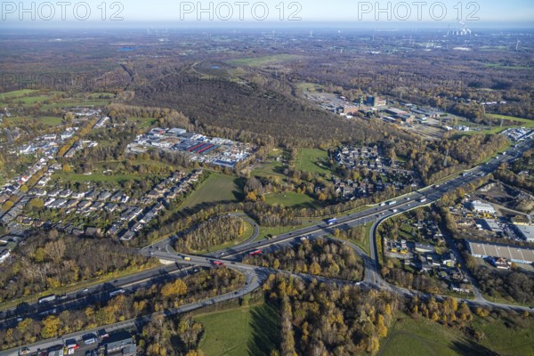 Aerial view, industrial estate Im Venn, Sterkrader Venn, motorway A2 junction