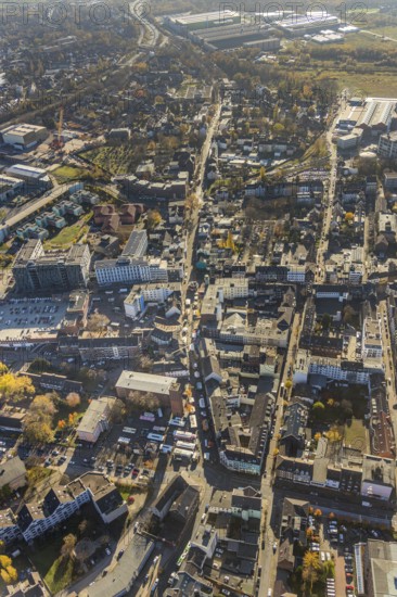 Aerial view, catholic church St. Clemens, Großer Markt, market stalls, construction project