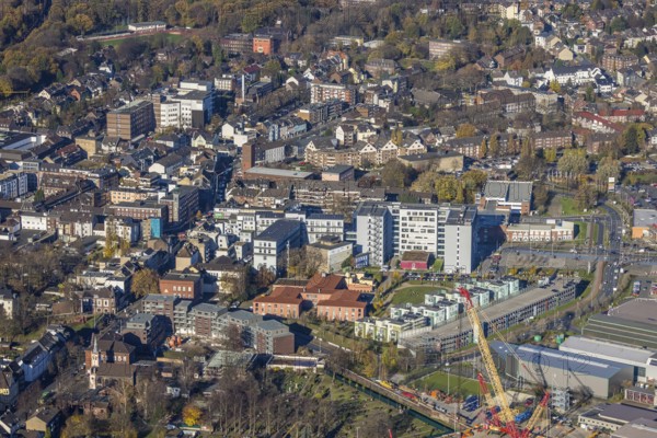 Aerial view, catholic church St. Clemens, Großer Markt, market stalls, construction project