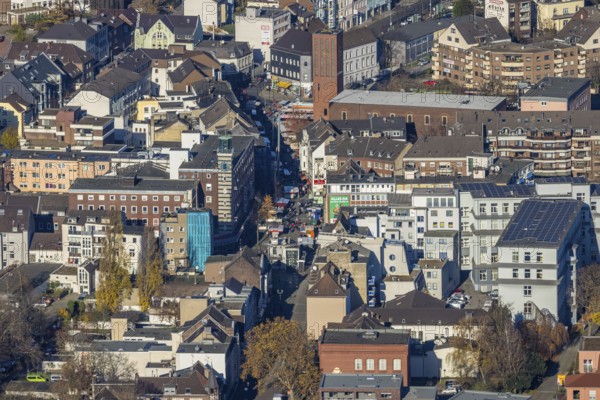 Aerial view, catholic church St. Clemens, Grosser Markt, market stalls, Sterkrade Mitte,
