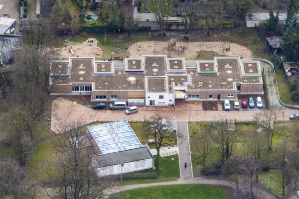 Aerial view, new building, municipal kindergarten Kindergarten Am Uhlandpark, Oberhausen, Ruhr