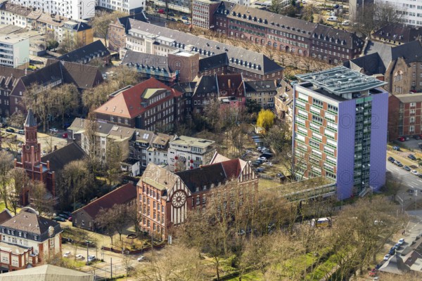 Aerial view, Hans-Böckler-Berufskolleg high-rise building, Adolf-Feld-Schule, evang. Christuskirche