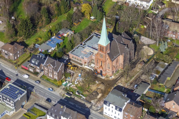 Aerial view, Evang. Auferstehungskirche, construction site, new community centre, Osterfeld,