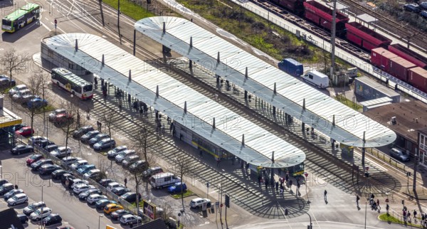 Aerial view, Oberhausen-Sterkrade railway station, public transport, bus stop, bus stop canopy,
