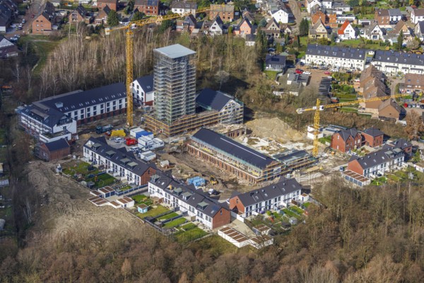 Aerial view, construction site residential area and commercial areas in Lebenspark Schacht IV, Zum