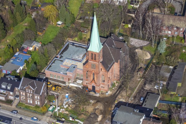 Aerial view, Evang. Auferstehungskirche, construction site, new community centre, Osterfeld,