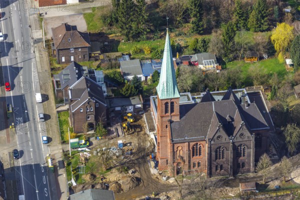 Aerial view, Evang. Auferstehungskirche, construction site, new community centre, Osterfeld,