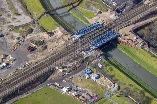 Aerial view, new construction, insertion railway bridge over the Emscher, Sterkrade, Oberhausen,