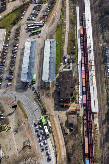 Aerial view, Oberhausen-Sterkrade railway station, public transport, bus stop, bus stop canopy,