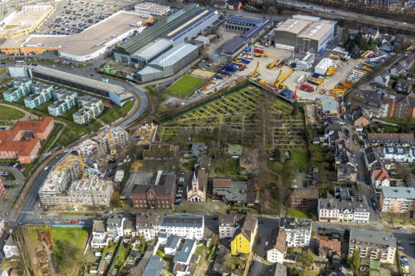 Aerial view, construction site new building Steinbrinkstraße Eugen-Zur-Nieden-Ring, Friedenskirche,