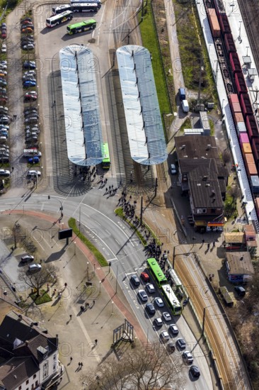 Aerial view, Oberhausen-Sterkrade railway station, public transport, bus stop, bus stop canopy,