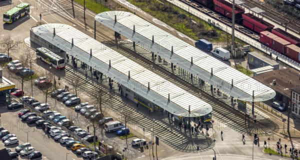 Aerial view, Oberhausen-Sterkrade railway station, public transport, bus stop, bus stop canopy,