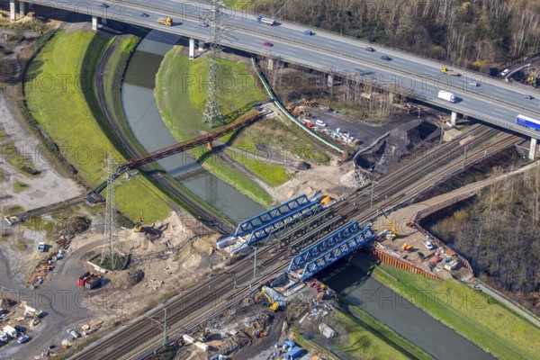 Aerial view, new construction, insertion railway bridge over the Emscher, motorway A42, Sterkrade,