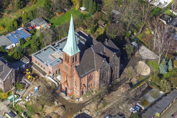 Aerial view, Evang. Auferstehungskirche, construction site, new community centre, Osterfeld,
