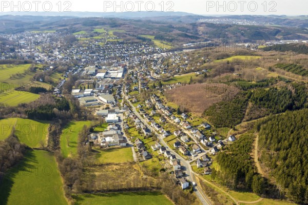Aerial view, overview Sundern, Mescheder Straße, commercial area, residential area, Sundern,