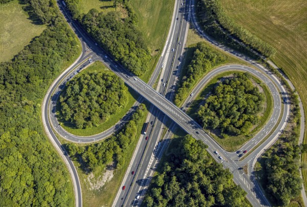 Aerial view, motorway A43, motorway junction Sprockhövel, Hiddinghausen, Sprockhövel, Ruhr area,