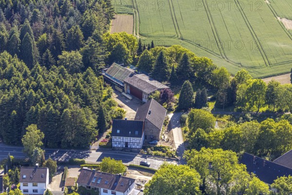 Aerial view, half-timbered house Wittener Straße 189, Hiddinghausen, Sprockhövel, Ruhr area, North