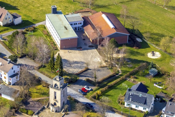 Aerial view, observation tower memorial architect Heinrich Verfuß, primary school Freie Schule am
