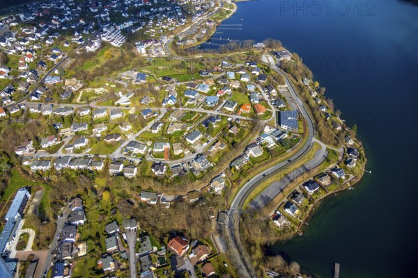 Aerial view, overview Langscheid, Sorpe shore, Sorpe lake, Langscheid, Sundern, Sauerland, North