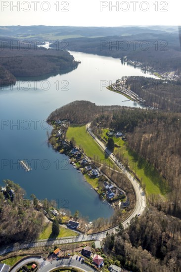 Aerial view, Sorpesee, Sorpe shore, camping at Sorpesee, campsite, Langscheid, Sundern, Sauerland,